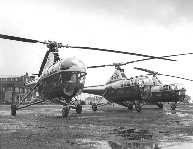 The three Sikorsky S-51 helicopters purchased by Helicopter Air Transport at the Sikorsky Plant in Bridgeport, Connecticut, in 1946. These aircraft represented Sikorsky’s first commercial helicopter sales. Sikorsky Archives Photo