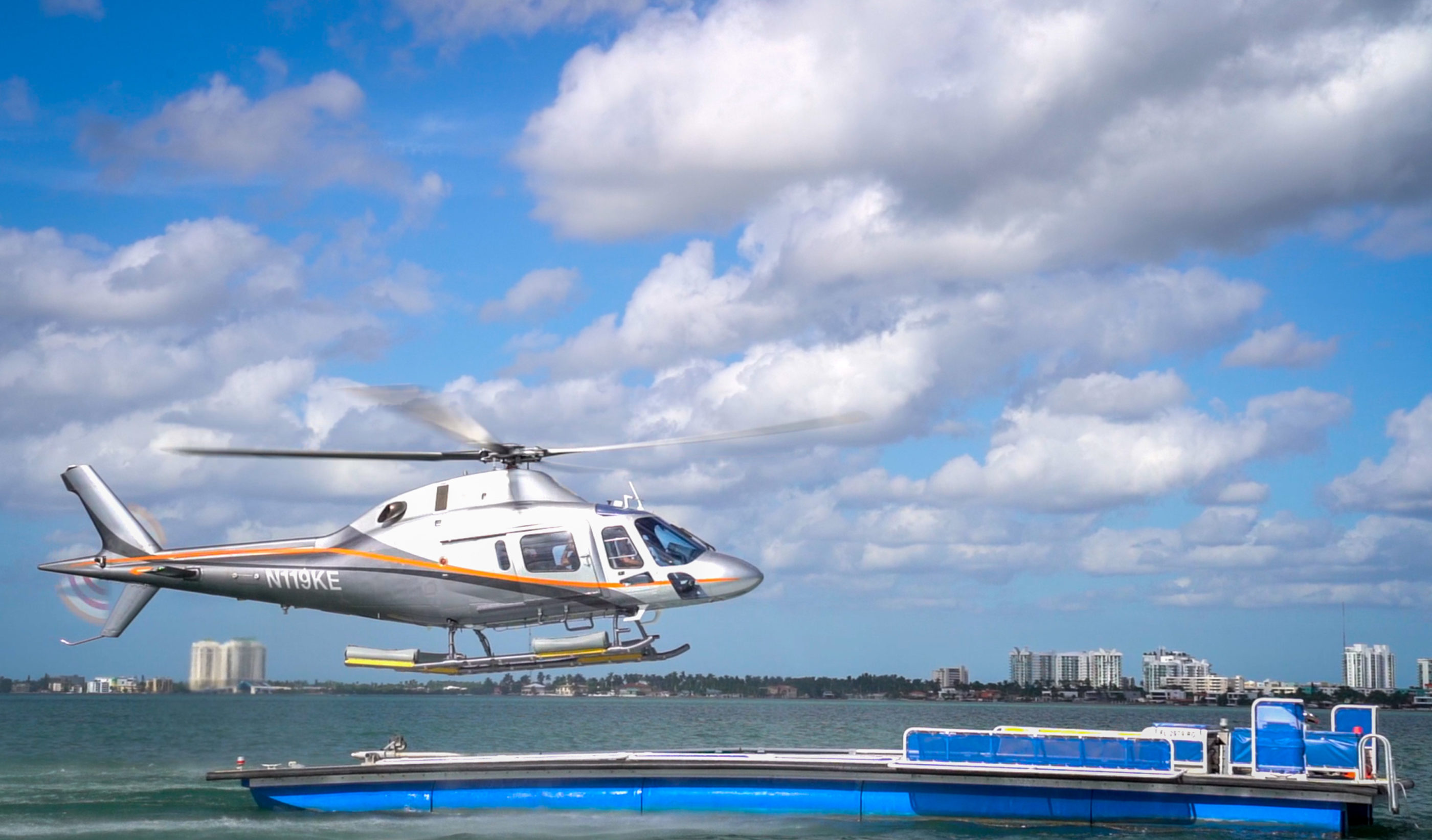 ILandMiami’s marine utility vessel (MUV) can accommodate helicopters up to 7,000 pounds. Pictured is Leonardo’s AW119Kx landing on an MUV. Leonardo Photo