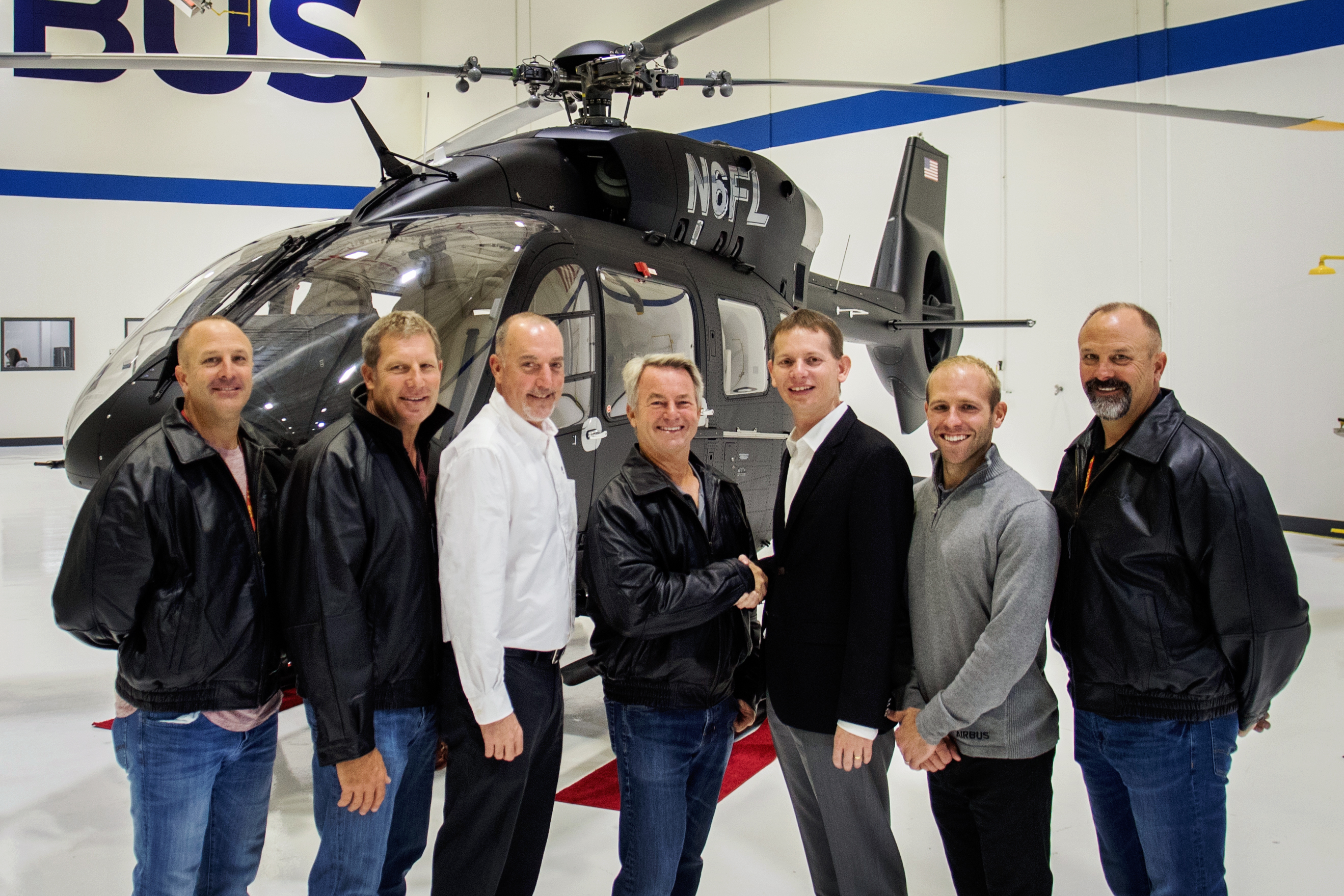From left: Mark Hulsey; Jon Corn; Michael O’Connor, Airbus Helicopters, Inc.; Fred Luddy, founder of Service Now and SoCal Air Services; Romain Trapp, Airbus Helicopters, Inc. COO; Travis Tinsey, Airbus Helicopters, Inc.; Mike Hulsey. Airbus Photo
