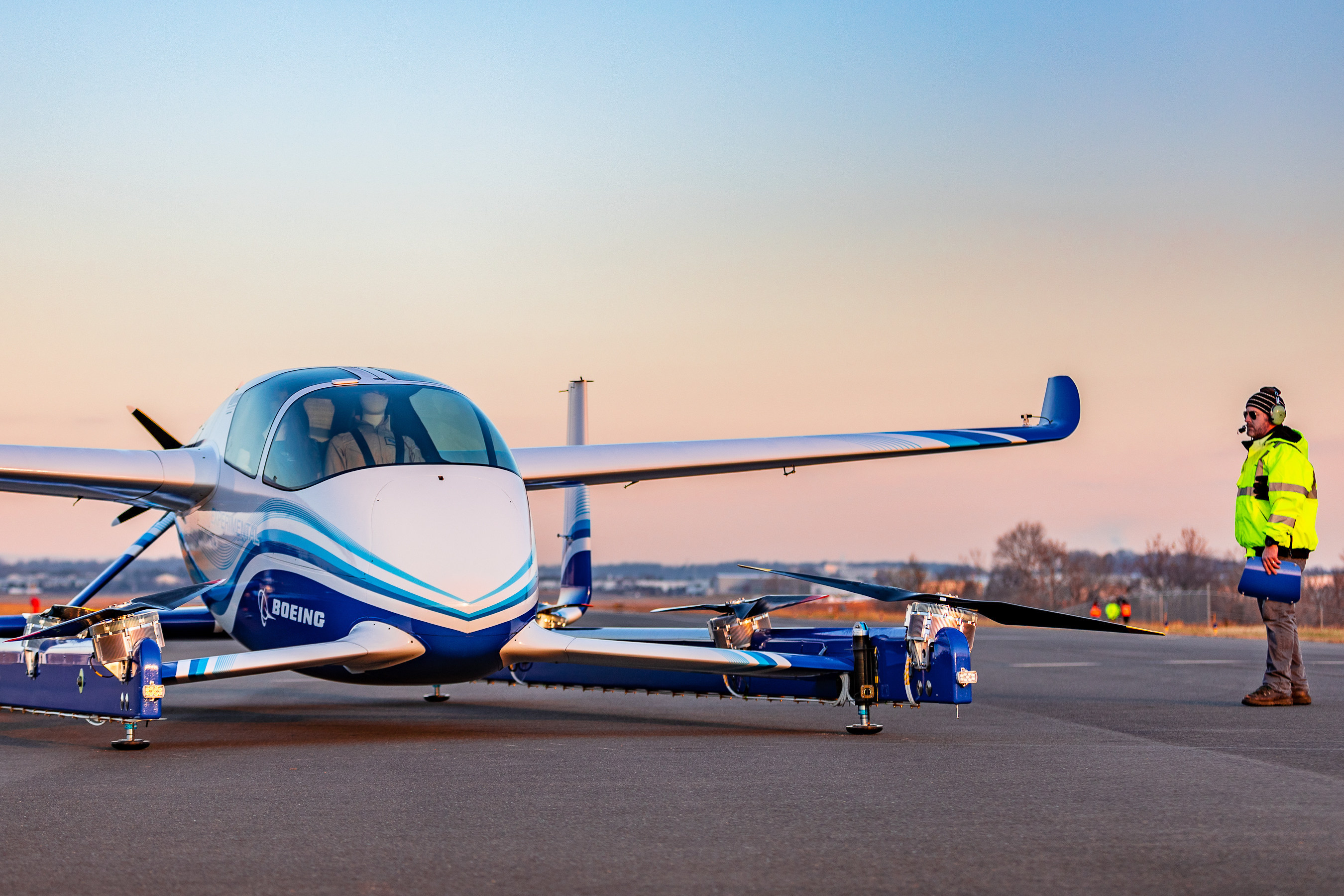 Powered by an electric propulsion system, Boeing’s PAV prototype is designed for fully autonomous flight from takeoff to landing, with a range of up to 50 miles. Boeing Photo