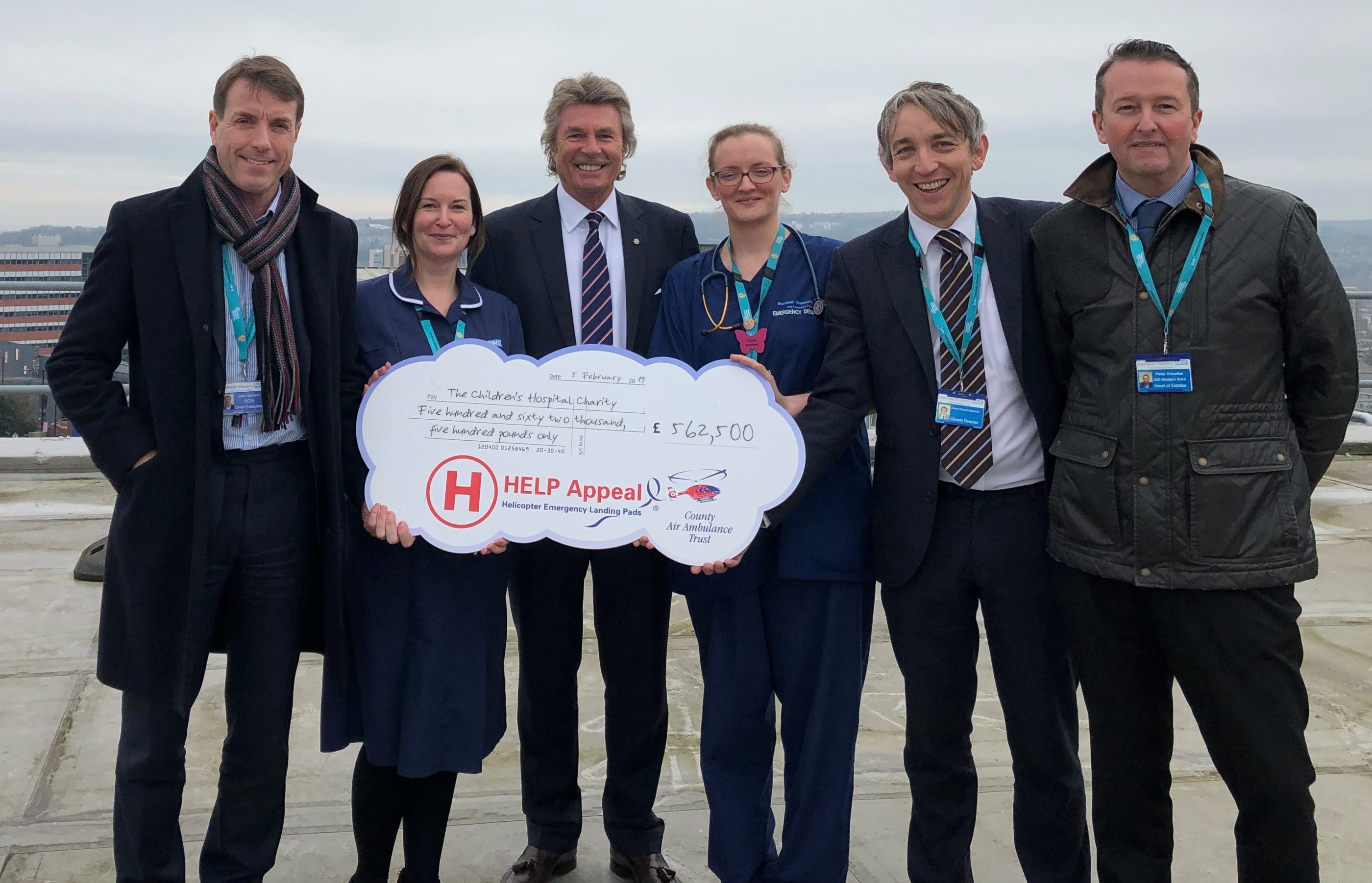 From left: John Somers, chief executive officer of Sheffield Children’s NHS Foundation Trust; Nicola Anderson, trauma nurse coordinator at Sheffield Children’s Hospital; Robert Bertram, CEO of the HELP Appeal; Dr. Clare O’Connell, consultant in emergency medicine and major trauma lead at Sheffield Children’s Hospital; David Vernon-Edwards, director at The Children’s Hospital Charity; and Peter Knowles, head of estates at Sheffield Children’s NHS Foundation Trust. HELP Appeal Photo
