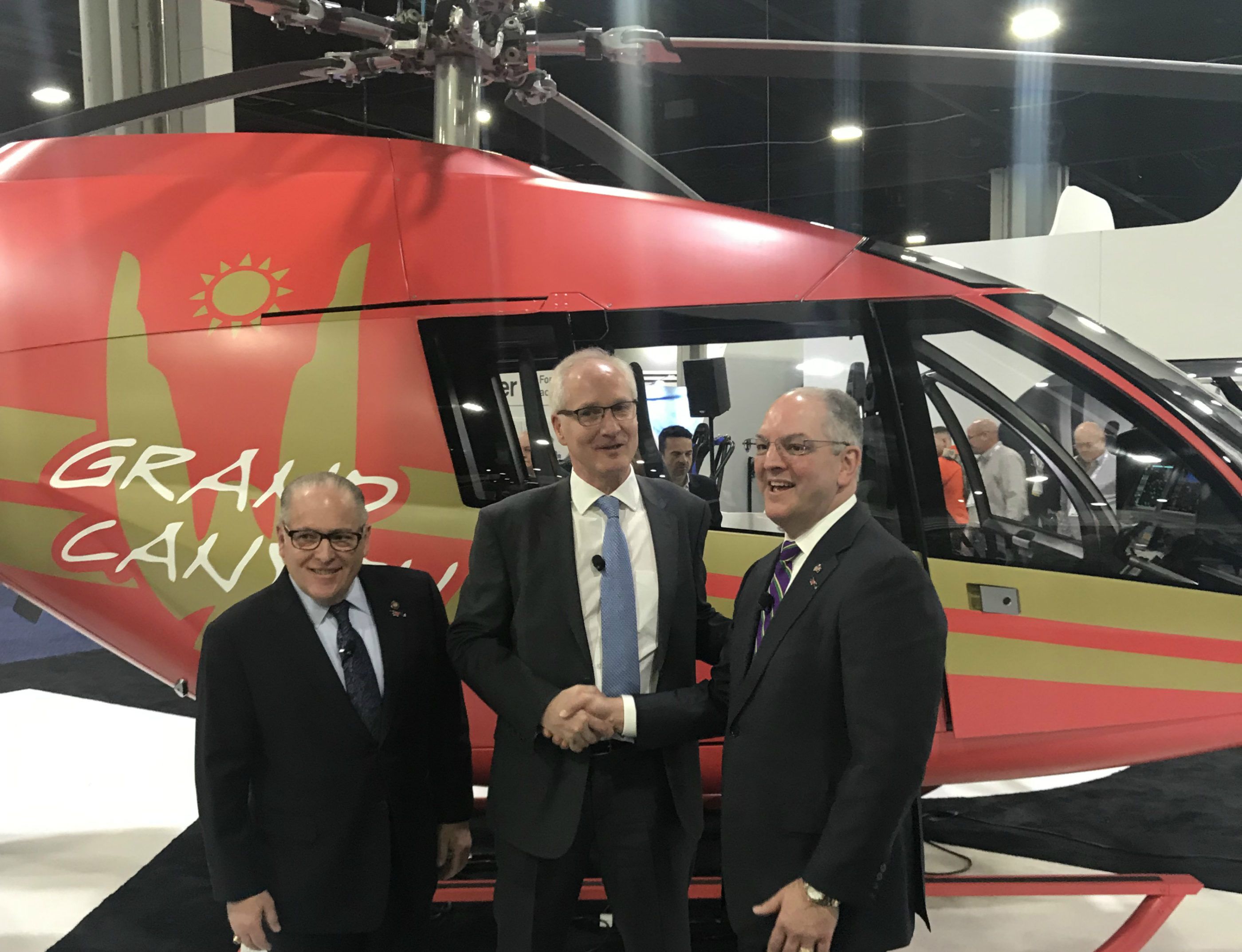 From left: Lousiana Economic Development Secretary Don Pierson, Kopter Group CEO Andreas Löwenstein, and Louisiana Governor John Bel Edwards. Kopter Photo