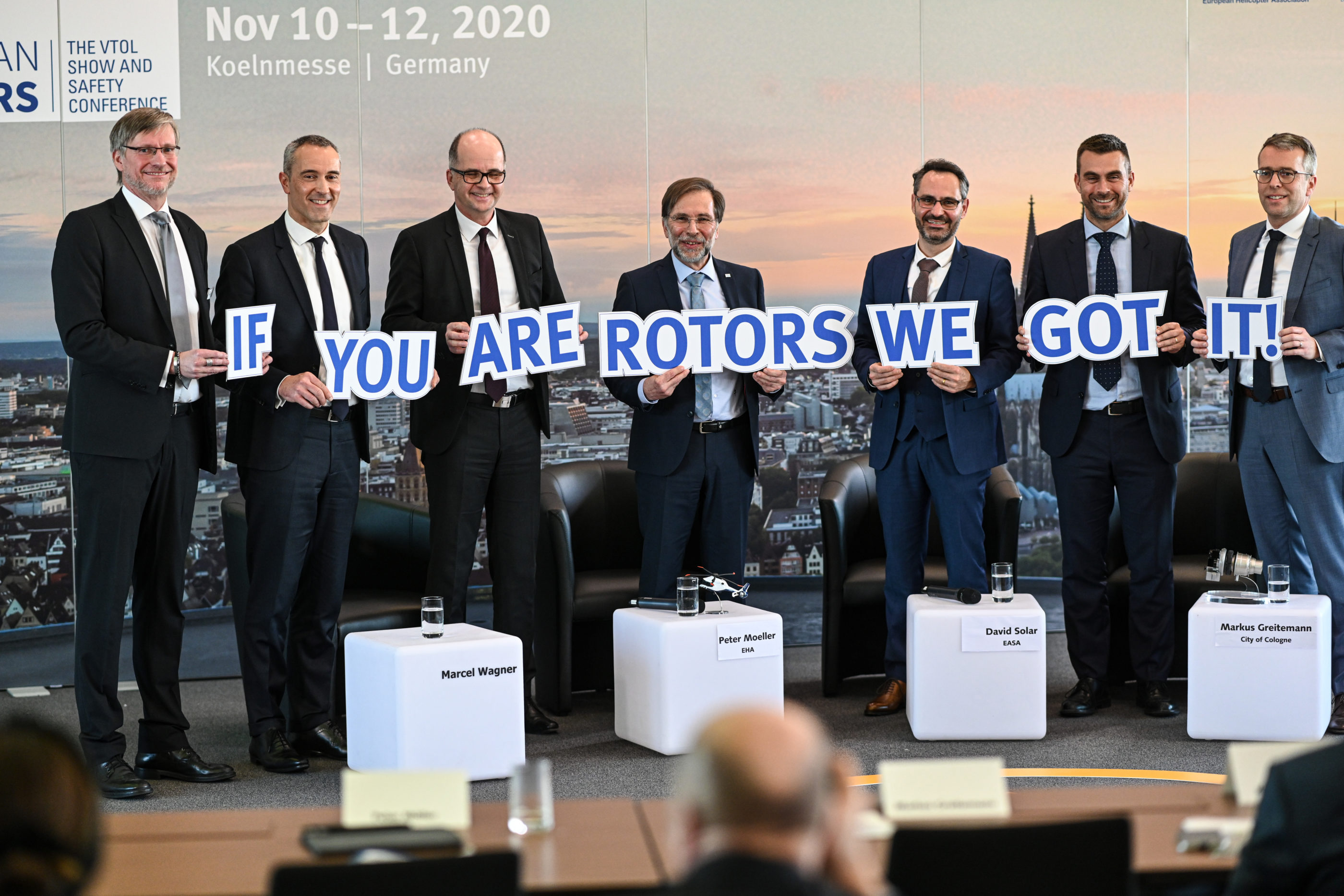 From left: Dr. Frank Liemandt (show manager of European Rotors), Luc Bentolila (Airbus VP marketing & sales development), Markus Greitemann (Commissioner of the City of Cologne for city development, construction and economy), Peter Moeller (chairman of the European Helicopter Association), David Solar (head of Rotorcraft and VTOL department, European Union Aviation Safety Agency), Patrick Moulay (Bell senior vice president, commercial business - International), and Francis Larribau (CEO of Safran Helicopter Engines Germany). European Rotors Photo