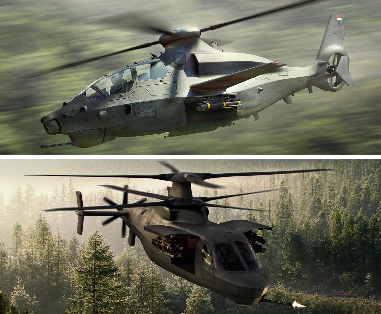 The competing designs for the U.S. Army's Future Attack Reconnaissance Aircraft program: The Bell 360 Invictus (top) and the Sikorsky Raider X (bottom). Bell and Sikorsky Images