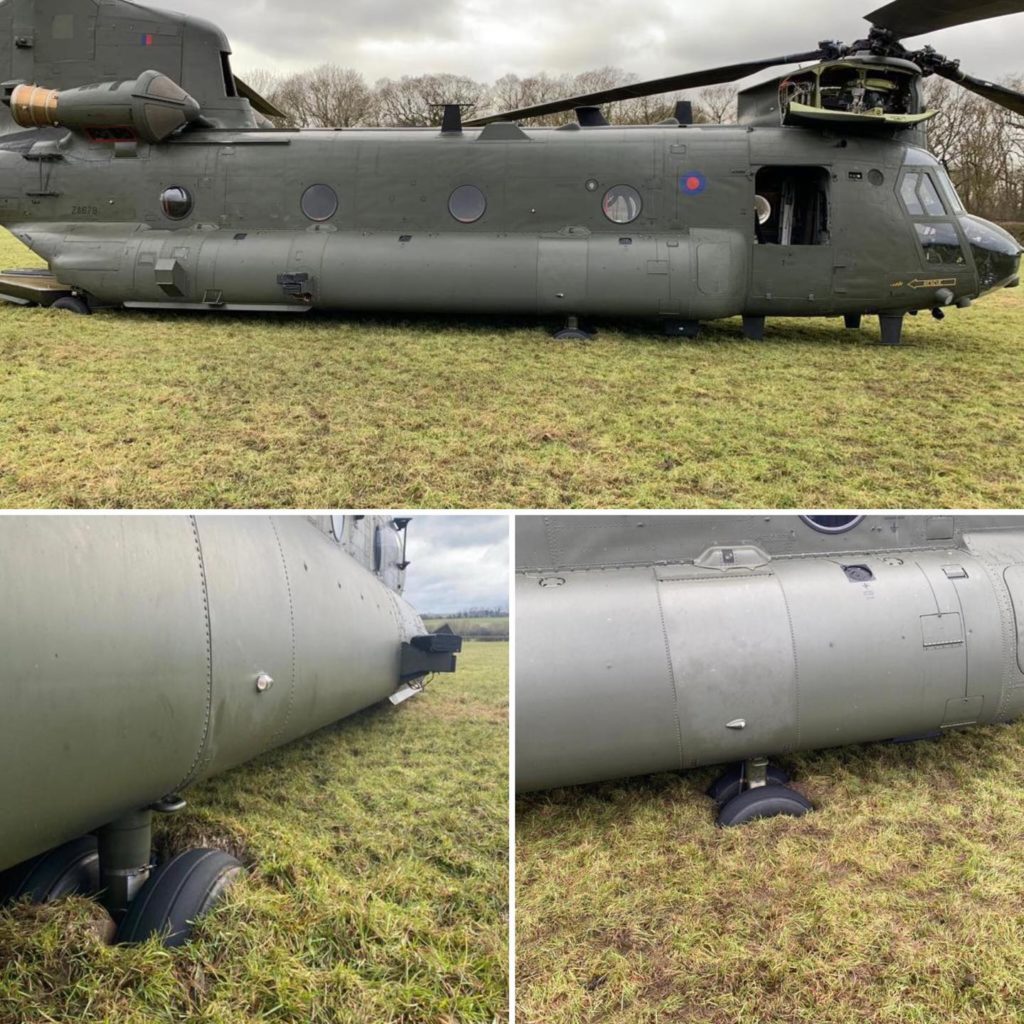 An RAF CH-47 Chinook sits tire-deep in freezing mud south of Oxford in England, where it spent nearly a week until it could be freed Jan. 11. RAF Benson photo
