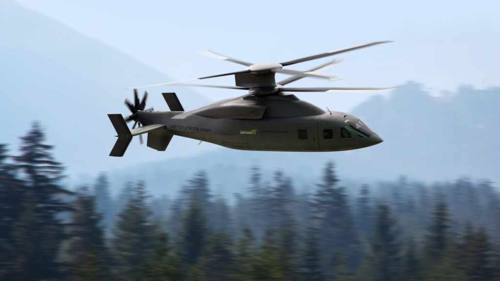 The Defiant X a version of the SB>1 coaxial compound helicopter optimized for aerodynamic efficiency and reduced thermal and acoustic signature. Defiant Team Image
