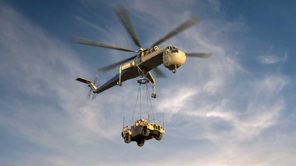 The S-64F+ Air Crane ideally will perform back-end automatic logistics missions, freeing pilots to perform more complex combat flying. Here it lifts an Army Joint Light Tactical Vehicle. Erickson Image