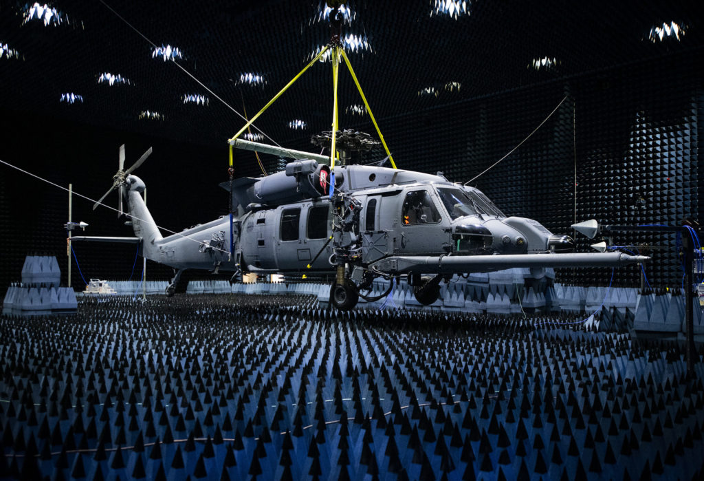A 413th Flight Test Squadron HH-60W Pave Hawk hangs in the anechoic chamber at the Joint Preflight Integration of Munitions and Electronic Systems hangar, Jan. 6, 2020, at Eglin Air Force Base, Fla. Samuel King Jr. for U.S. Air Force Photo