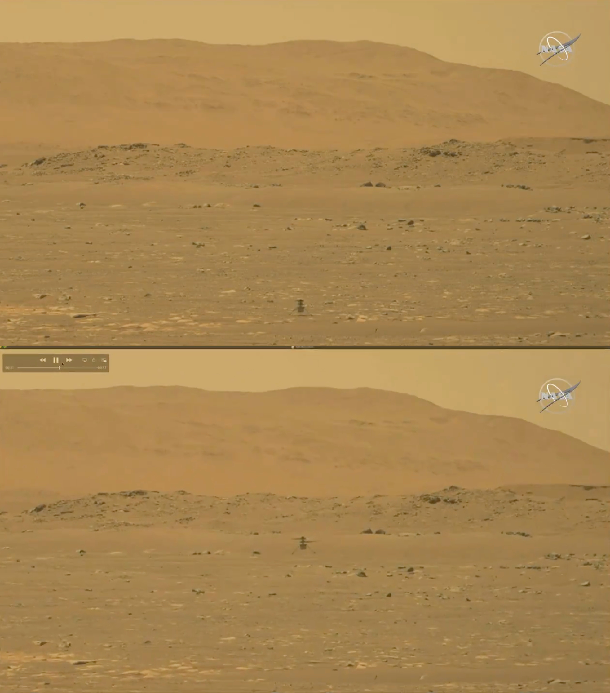 These screen captures, taken by a video recorded by NASA's Perseverance rover, show the Ingenuity aircraft on the ground (top) and performing its first flight (bottom). 