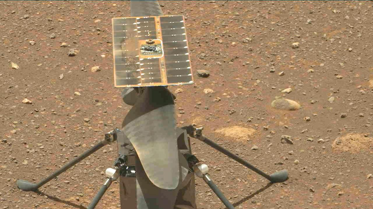 The Ingenuity helicopter, shown on the surface of Mars in this photo taken by the Perseverance rover. NASA Image