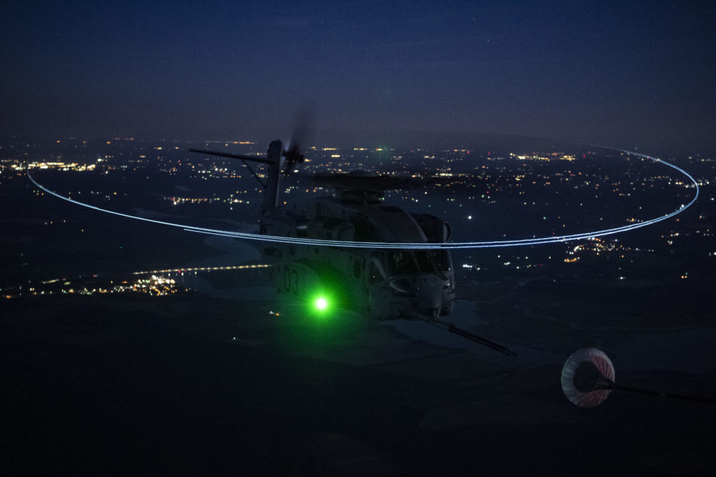 A CH-53K during its first night air-to-air refueling on June 23, 2021, over Naval Air Station Patuxent River, Maryland. Lockheed Martin Photo