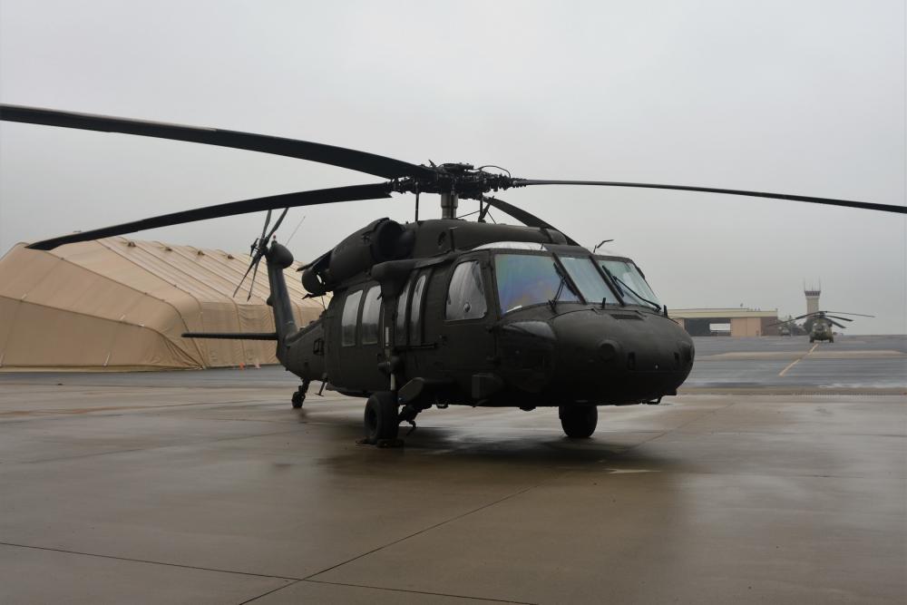 A UH-60V Black Hawk helicopter is parked on Muir Army Airfield for a ribbon-cutting ceremony for the new variant on Oct. 6, 2021, at the Eastern Army National Guard Aviation Training Site at Fort Indiantown Gap, Pennsylvania. Brad Rhen Photo