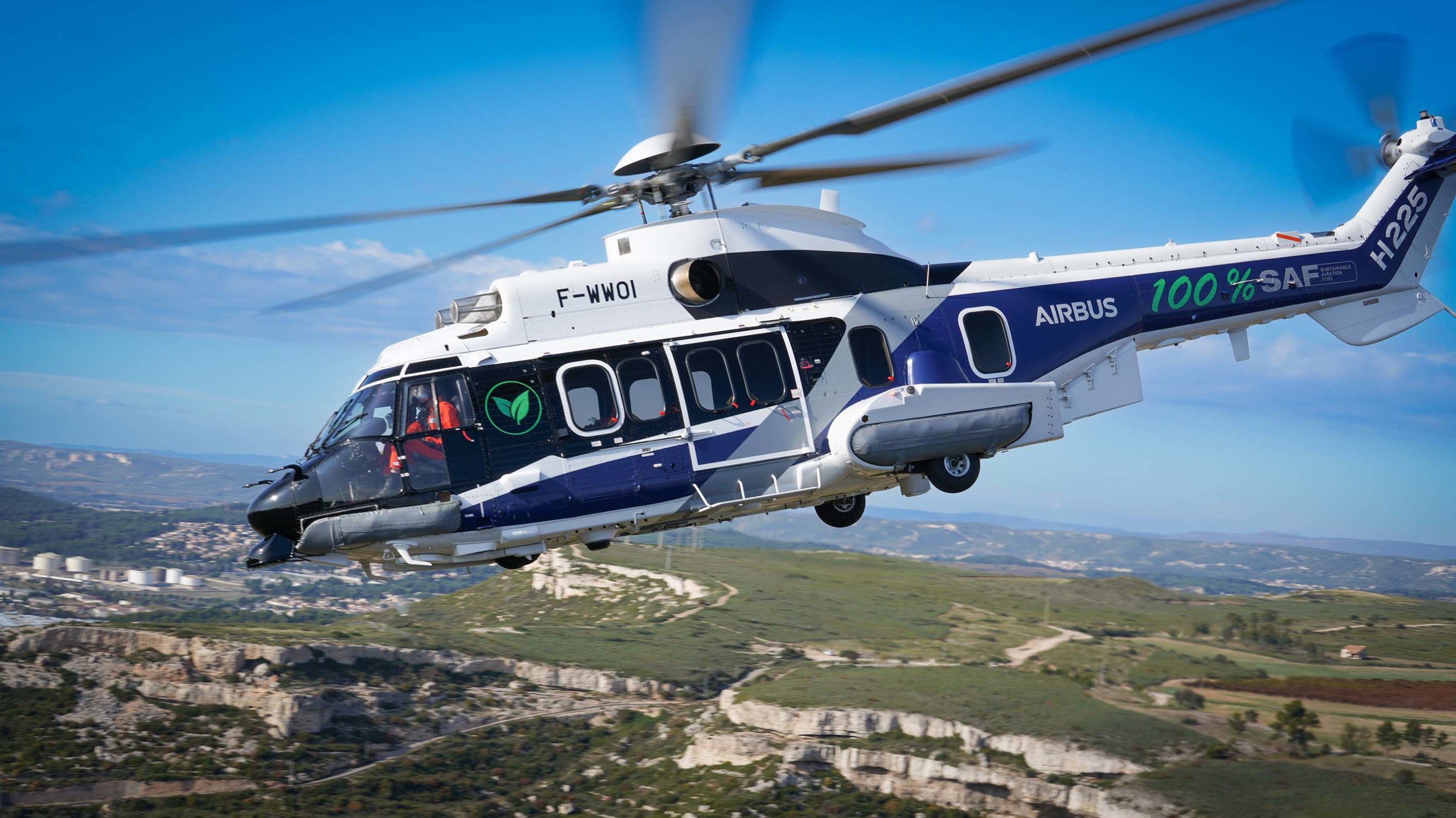 The first flight of a Safran-powered helicopter using 100 percent SAF took place in November in Marignane, France. The aircraft was an Airbus H225, powered by Safran Makila 2 engines. Airbus Helicopters Photo