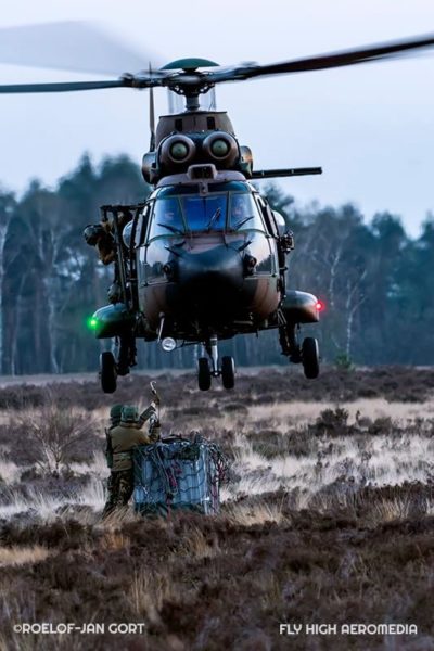 Royal Netherlands Air Force Airbus AS532U2 Cougar helicopter during a sling-load exercise. Photo submitted by Facebook user Roelof-Jan Gort