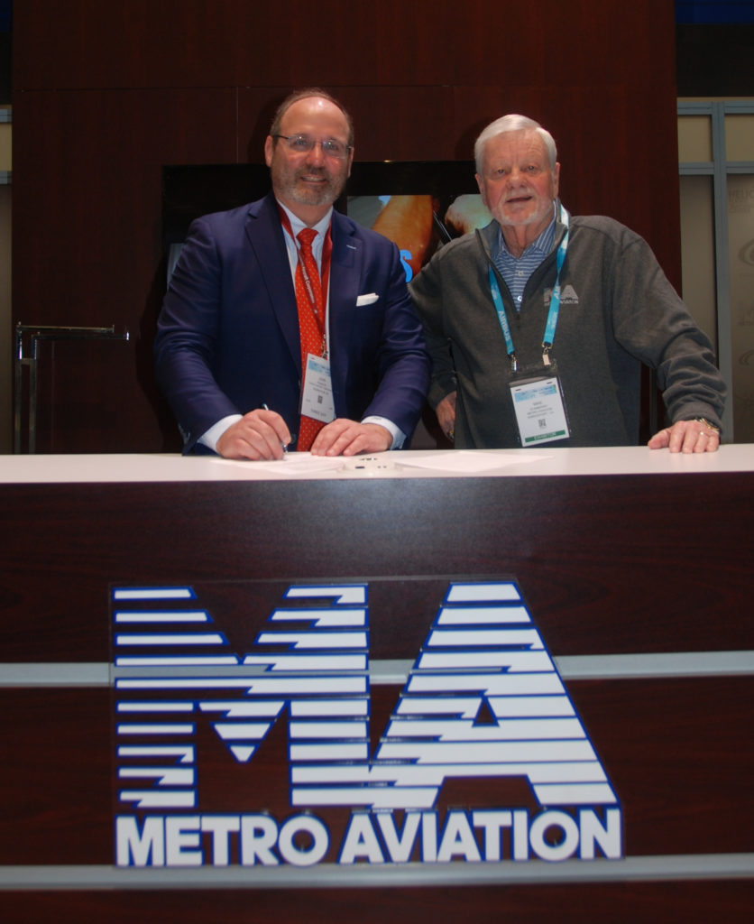 Piasecki president John Piasecki (left) and Metro Aviation CEO Mike Stanberry (right) at the signing of a memorandum of understanding between the two companies to further develop the PA- 890 at HAI Heli-Expo 2022. Piasecki Aircraft Photo