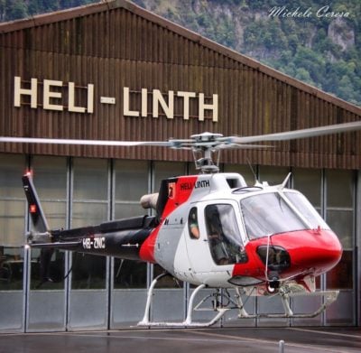 A Heli-Linth Airbus AS350 prepares to take off from the operator's base in Mollis, Switzerland. Photo submitted by Instagram user @helicopterphotosmicheleceresa
