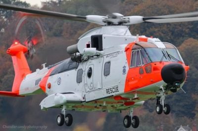 A Royal Norwegian Air Force Leonardo AW101 "SAR Queen" search-and-rescue helicopter prepares to land. Photo submitted by Instagram user @callsign_chandler