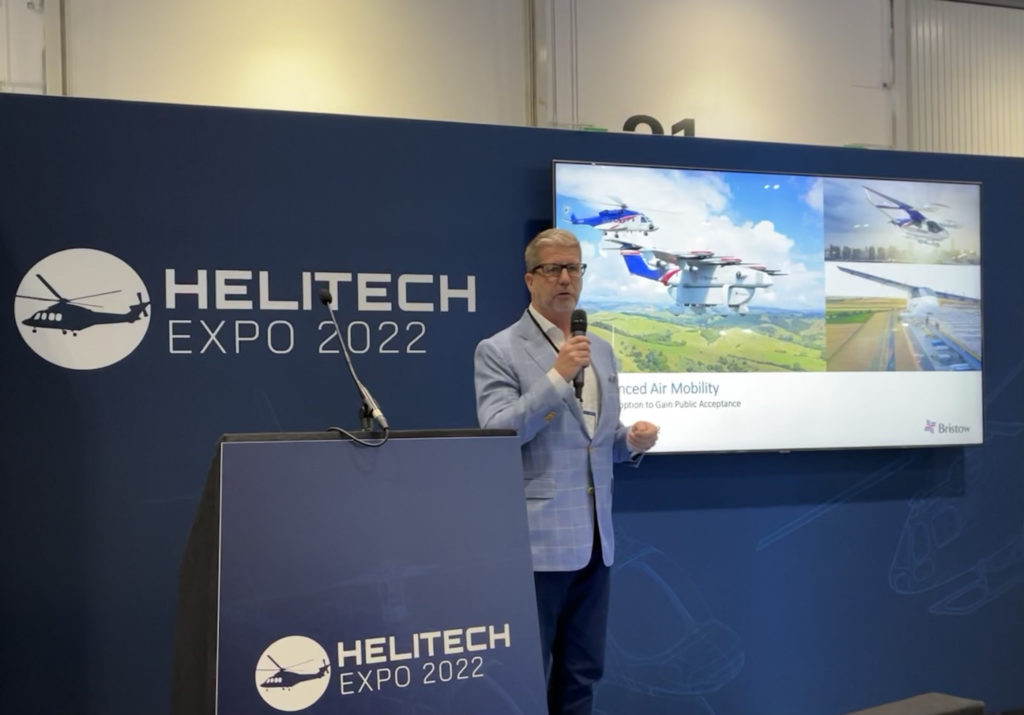 Bristow's David Stepanek provided an update on the company's move into advanced air mobility at Helitech Expo 2022. Oliver Johnson Photo