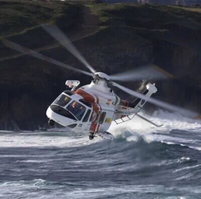 A Leonardo Helicopters AW139 of the Salvamento Maritimo over the Spanish surf. From Instagram user @isantiagofoto