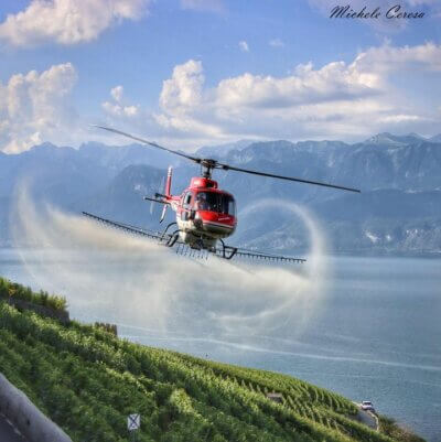An Airbus Helicopters AS350 B2 on spraying duties in Switzerland. Tagged on Instagram by @helicopterphotosmicheleceresa