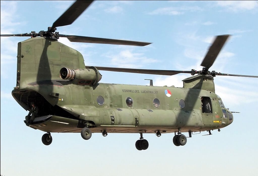 A Royal Netherlands Air Force (RNLAF) Boeing CH-47D Chinook. Utility operator Billings has received six of the service's retired aircraft. Billings Flying Service Photo