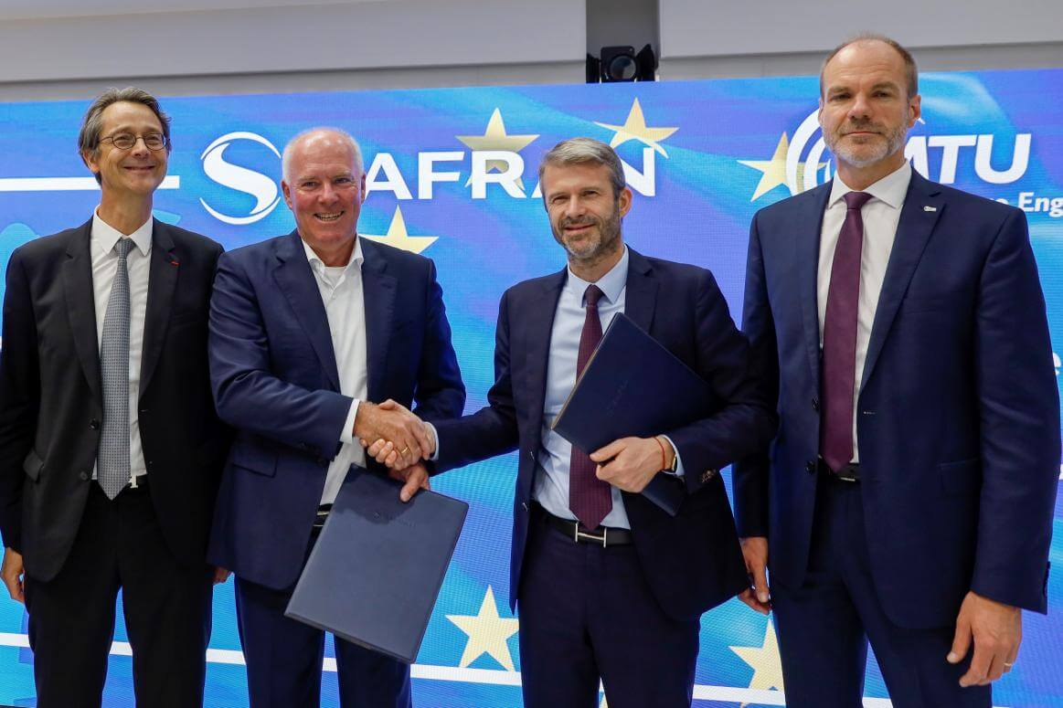 Safran and MTU Aero Engines executives at the signing of the MoU at the Paris Air Show. From left: Olivier Andries, Safran CEO; Michael Schreyögg, Chief Program Officer of MTU Aero Engines; Cédric Goubet, CEO of Safran Helicopter Engines; and Lars Wagner, MTU Aero Engines CEO. Cyril Abad Photo