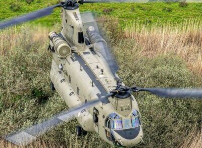 An RNLAF Boeing CH-47F Chinook conducts an off-field landing. Tagged on Instagram by flokoe_photography