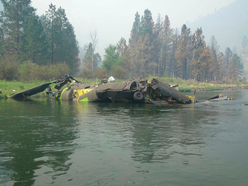 The CH-47D operated by Rotak Helicopter Services crashed in the Salmon River during firefighting operations on July 21, 2022. NTSB Photo