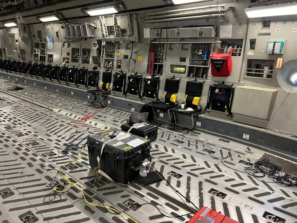 MagNav equipment in the back of a C-17A Globemaster III, ready for a first real-time demonstration during Exercise Golden Phoenix in May 2023. USAF Photo
