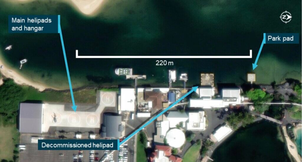 An overview of the helipads at the Sea World theme park in 2023. State of Queensland Image, annotated by the ATSB