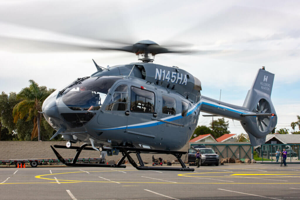 An Airbus H145 arrives at HAI Heli-Expo 2024 in Anaheim, California, ready to be delivered to Hillsboro Aviation for firefighting duties. Brent Bundy Photo
