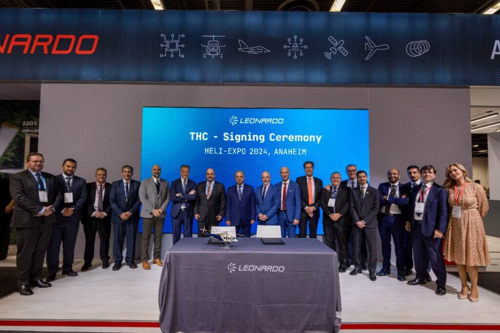 Leonardo and THC executives at the signing of the framework agreement at HAI Heli-Expo. Leonardo Photo