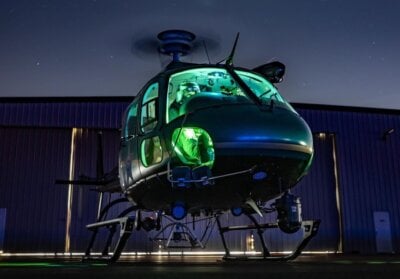 The cockpit of an Airbus H125 helicopter glows under the stars. Tagged on Instagram by @scottiek07