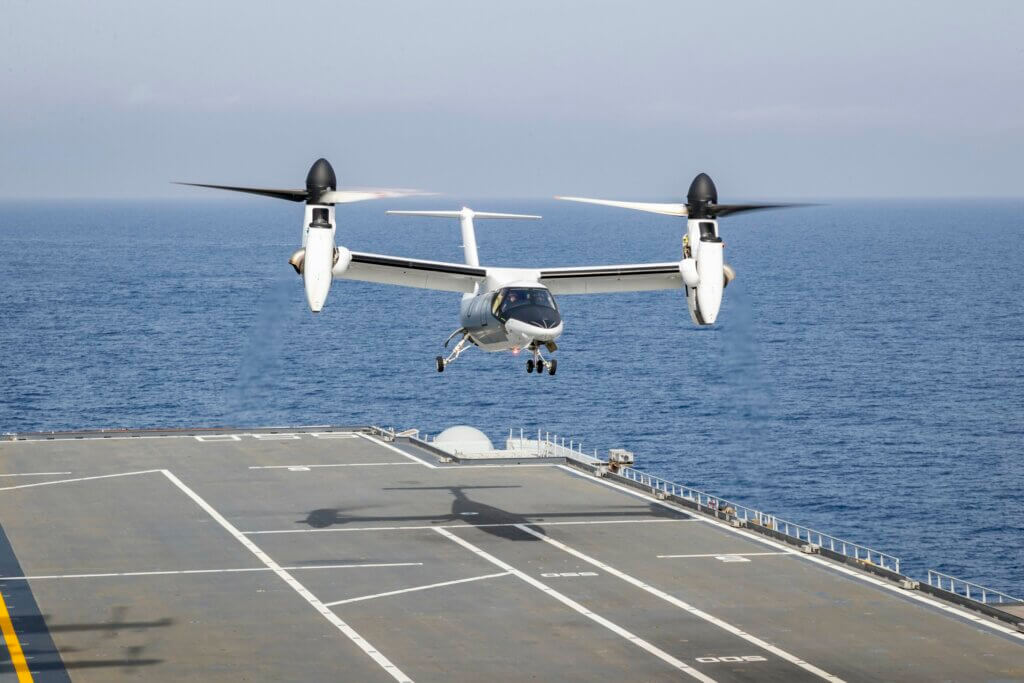 The AW609 completed the trails on the Italian Navy aircraft carrier Cavour. Leonardo Photo