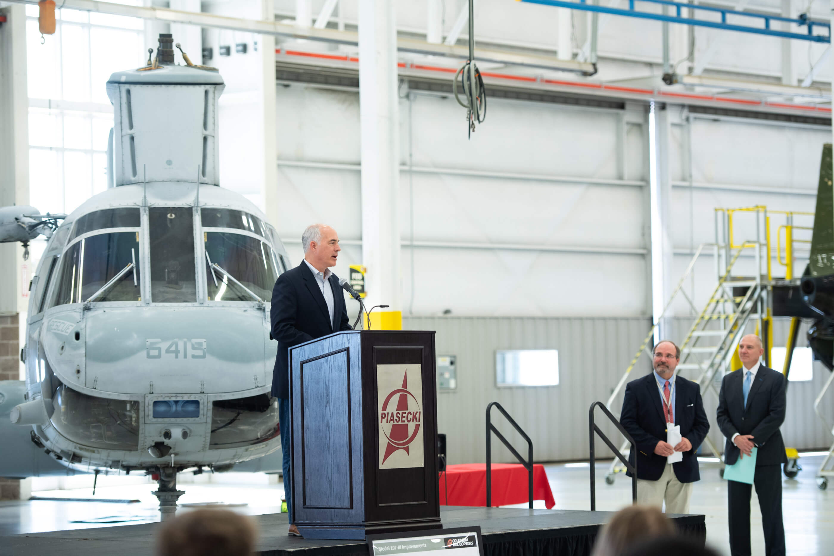 Pennsylvania Senator Bob Casey speaks at the launch of the 107-III program in Coatesville on Tuesday. Looking on are PiAC CEO John Piasecki and Columbia CEO David Balevic. PiAC Photo
