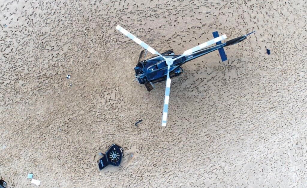 One of the two EC140 B4s was able to land on a sandbar following the crash - despite losing most of its nose. Queensland Police Service Photo