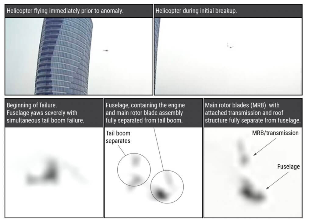 Enhanced surveillance video with sequential images depicting the helicopter’s flight and breakup. NTSB Image