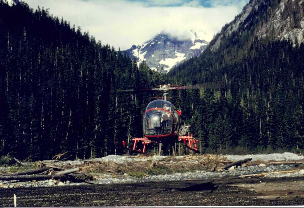 The ALCAN Bell 47D-1 used for the first heli-skiing flight in the mountains of British Columbia in 1953. Phillippe Bieler Photo