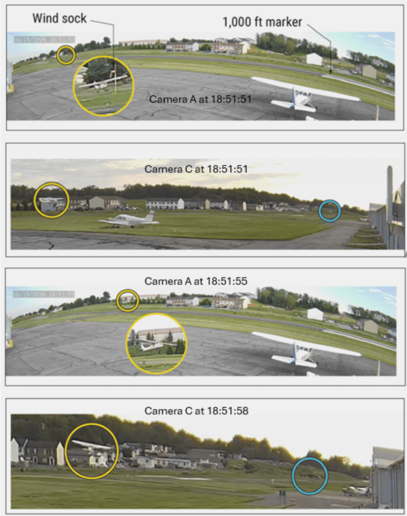Four still video images from cameras A and C showing the airplane and helicopter as they maneuvered in the vicinity of the runway. The airplane is circled in yellow, and the helicopter is circled in blue. NTSB Image
