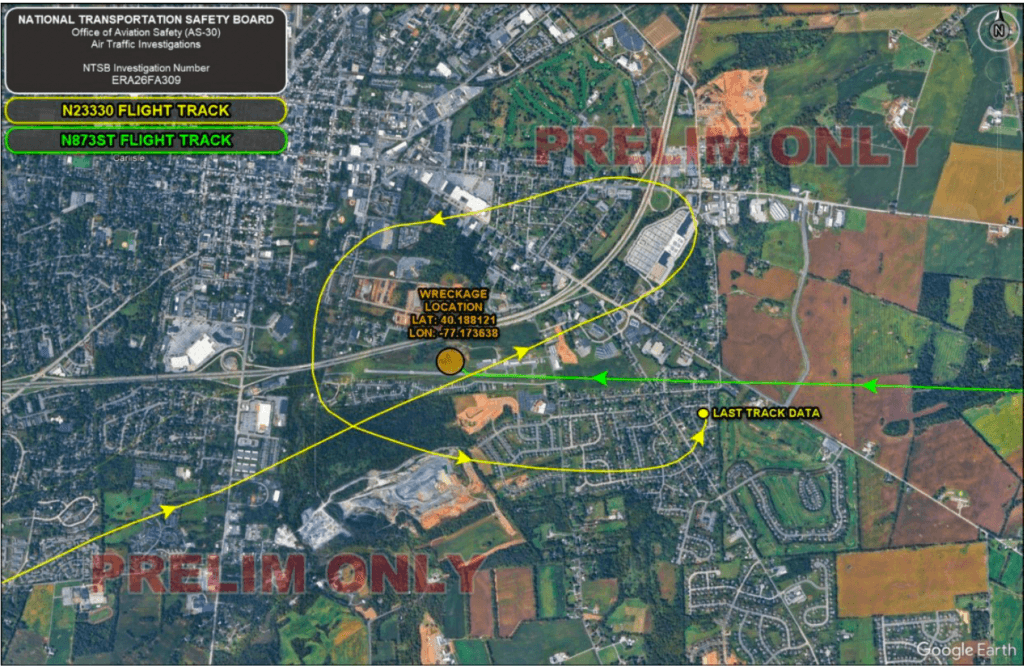 ADS-B flight track data for the helicopter (green) and airplane (yellow) during their approaches to the airport. NTSB Image